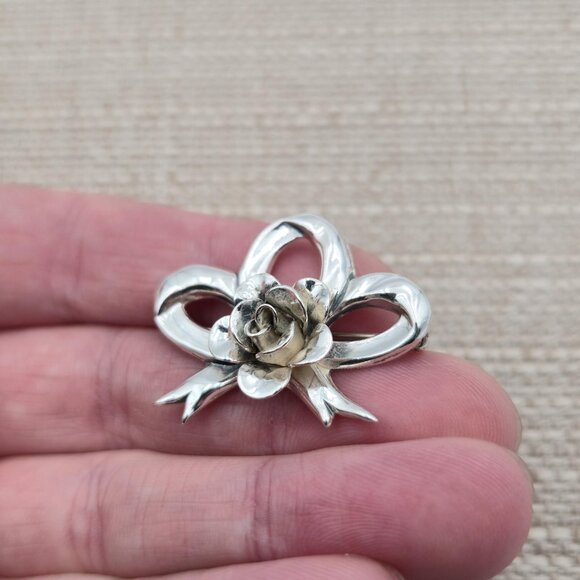 Sterling Silver Flower And Bow Pin Brooch A4300 - Picture 4 of 6